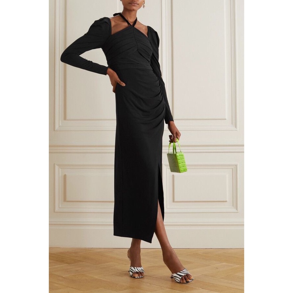NWT Self-Portrait Jersey Gathered Midi Dress in Black - Picture 5 of 12